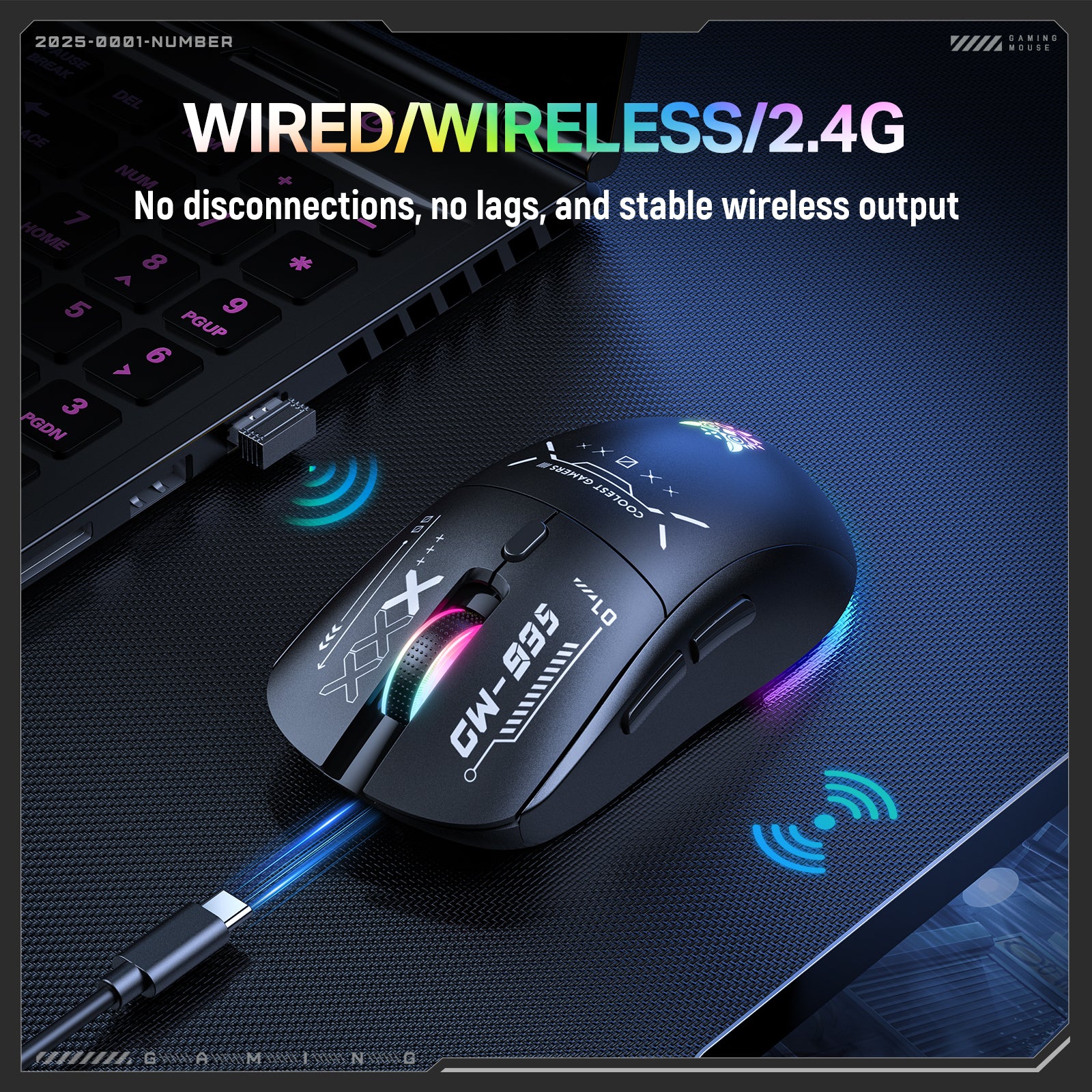Siivton Wireless Gaming Mouse, 2.4G/Bluetooth 5.3/Wired, 12800 DPI Adjustable, 8 Programmable Buttons, 500mAh Battery, RGB Lighting for PC, Laptop, Mac, PS4/PS5