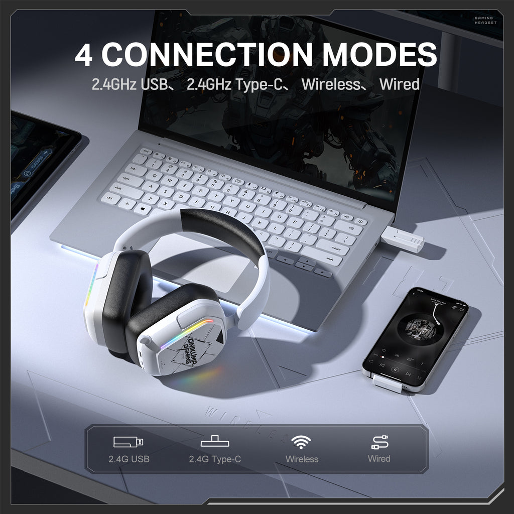 Siivton Wireless Gaming Headset with 2.4GHz & Bluetooth 5.3, for PS5, PS4, PC, Switch, 60H Battery Life, Noise Canceling Mic, 7.1 Surround Sound, RGB Light, Foldable Headphones - White