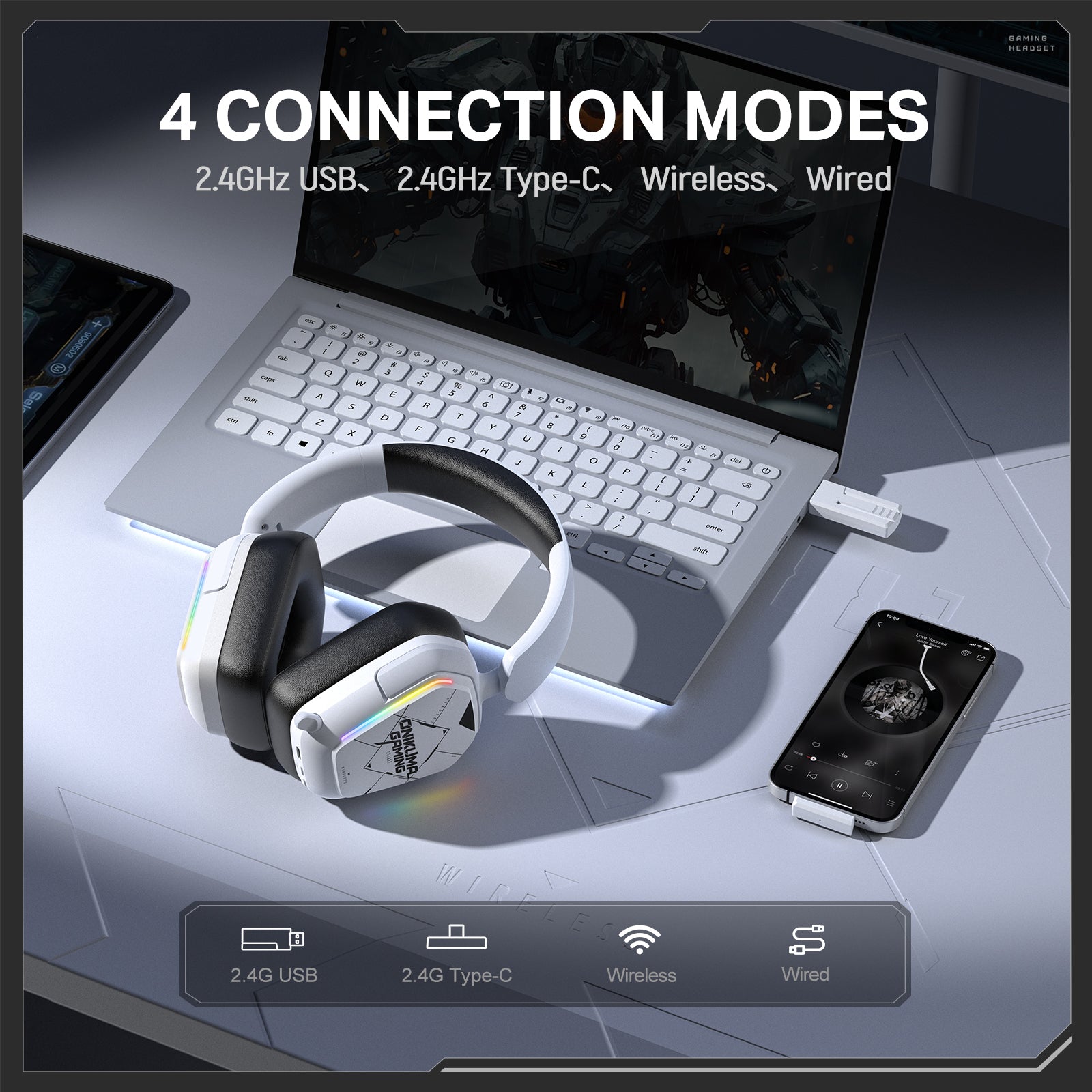 Siivton Wireless Gaming Headset with 2.4GHz & Bluetooth 5.3, for PS5, PS4, PC, Switch, 60H Battery Life, Noise Canceling Mic, 7.1 Surround Sound, RGB Light, Foldable Headphones - White