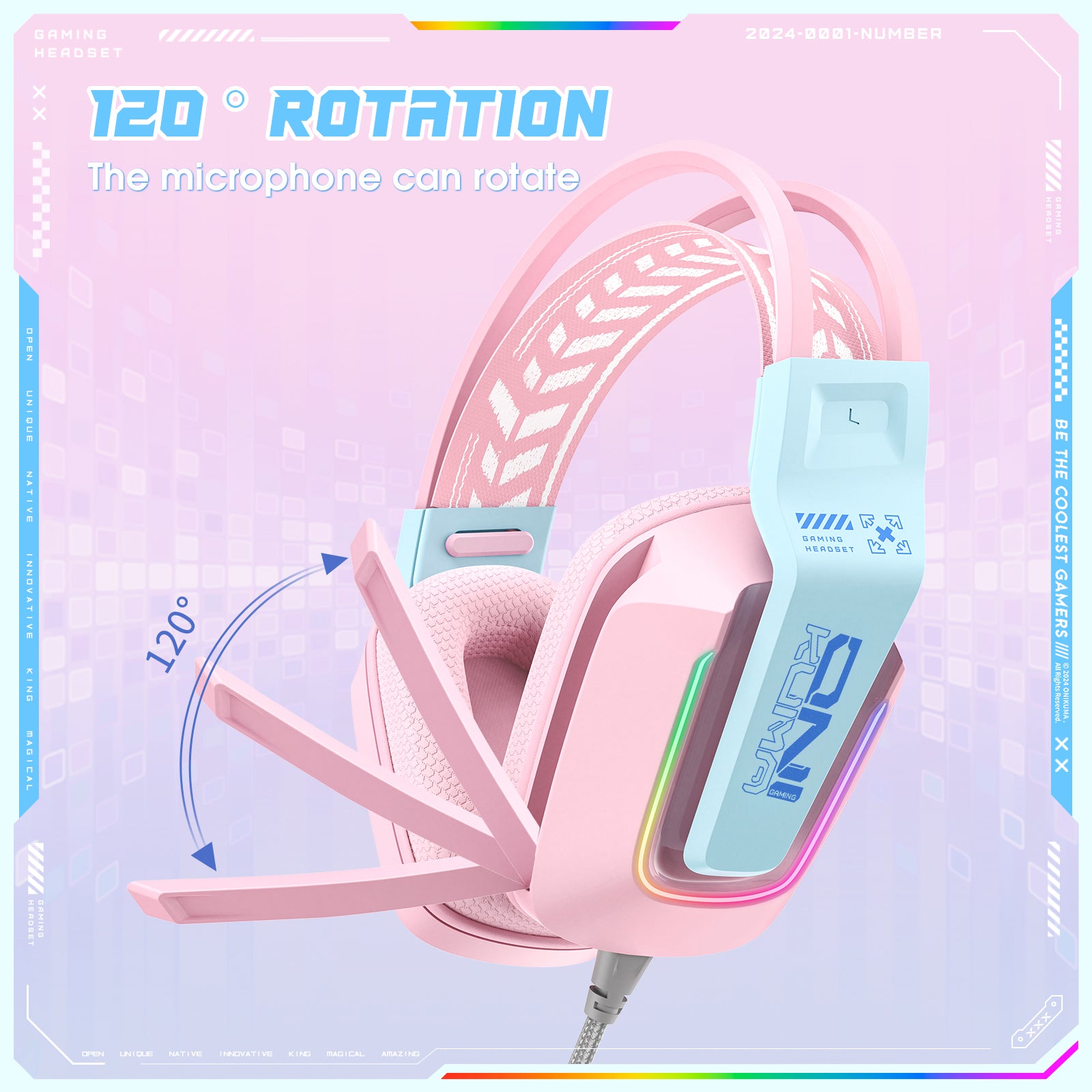 Siivton Wired Gaming Headset with Mic for Xbox, PS4, PS5, PC, Mobile,3.5mm Over-Ear Headphones with Noise-Canceling Microphone, 7.1 Surround Sound Headphone with LED Light, Pink