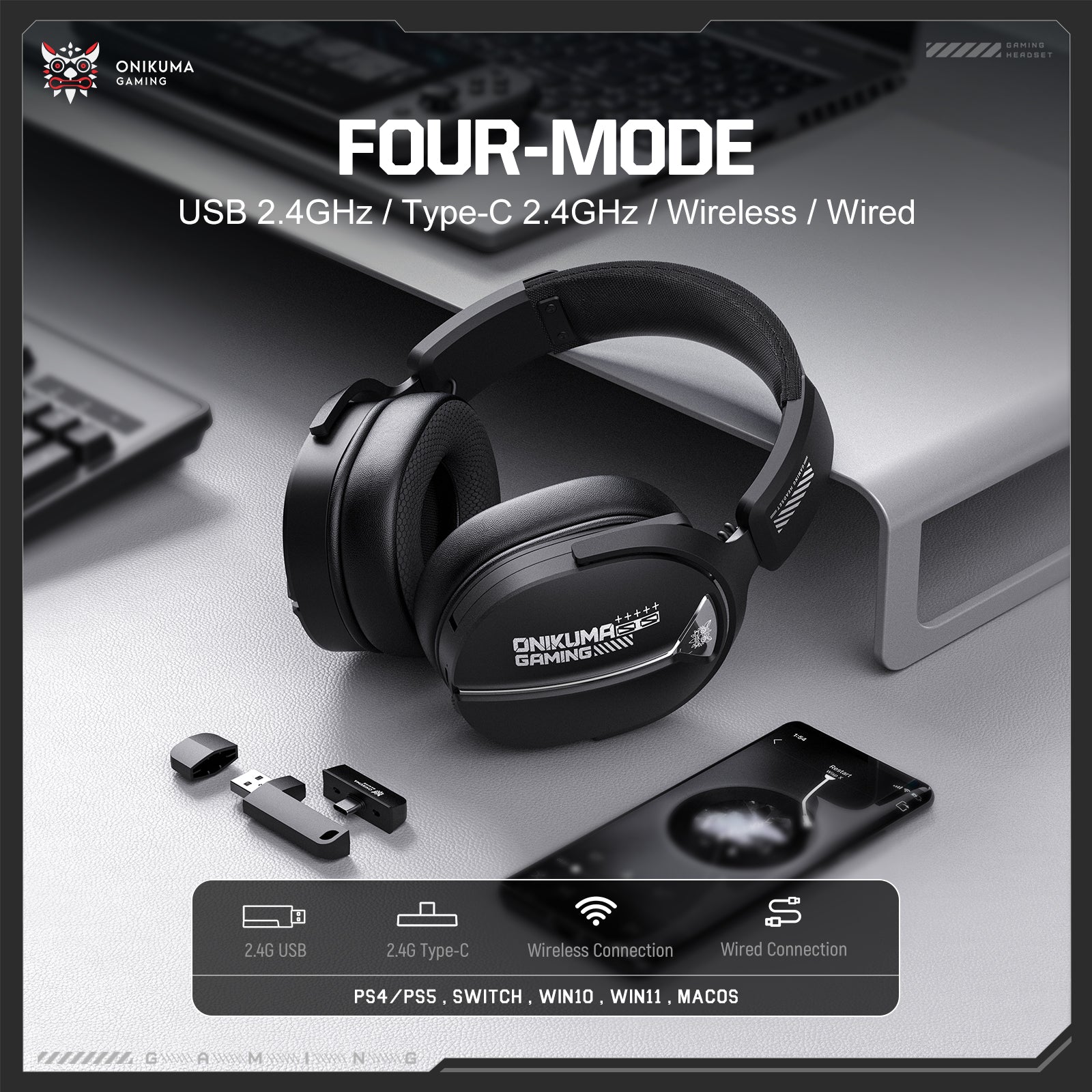 Siivton Wireless Gaming Headset with 60H Playtime, Bluetooth 5.4 & 2.4G Dual Mode, 950mAh Battery, Noise-Canceling Mic for PC,PS4,PS5,Switch,Mobile