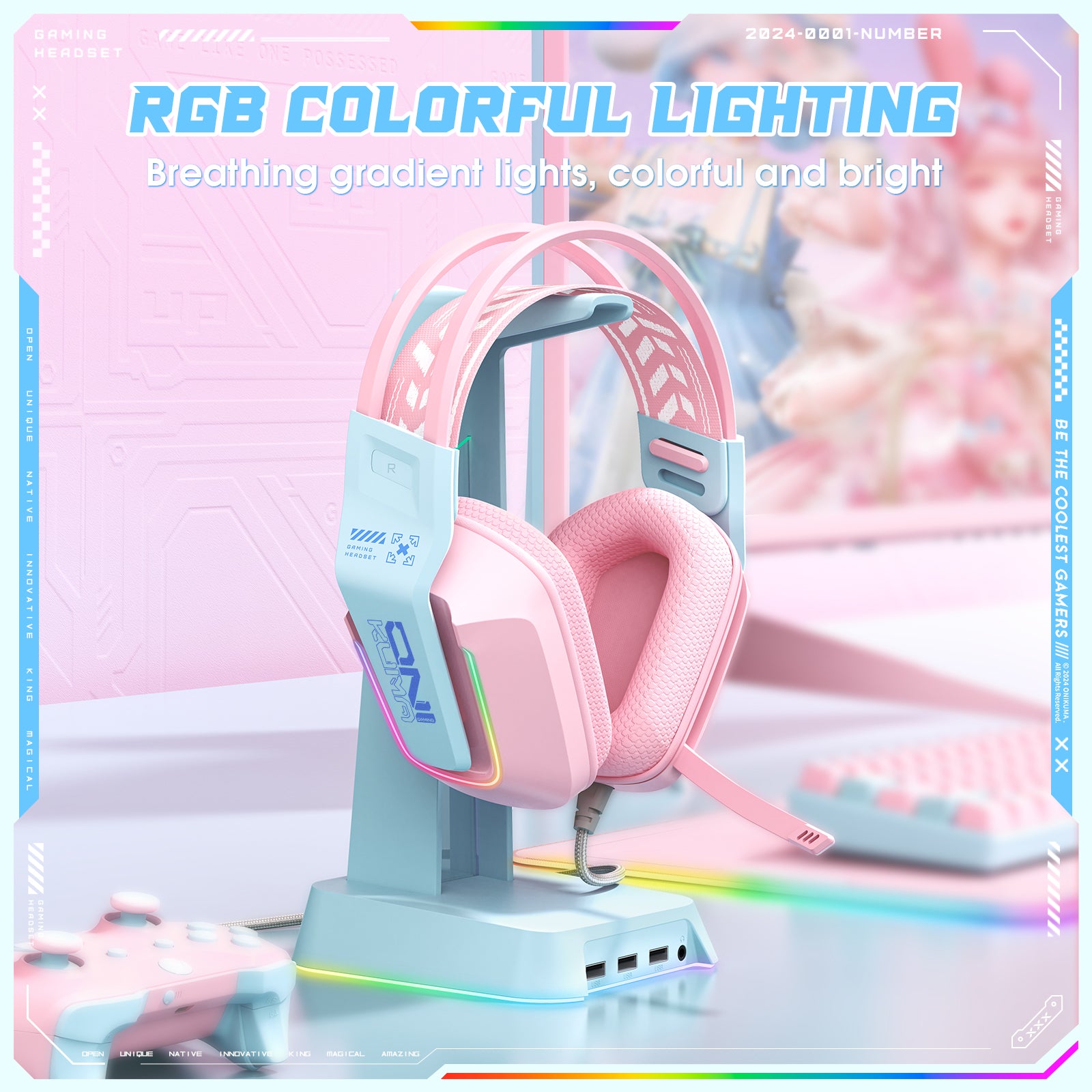 Siivton Wired Gaming Headset with Mic for Xbox, PS4, PS5, PC, Mobile,3.5mm Over-Ear Headphones with Noise-Canceling Microphone, 7.1 Surround Sound Headphone with LED Light, Pink