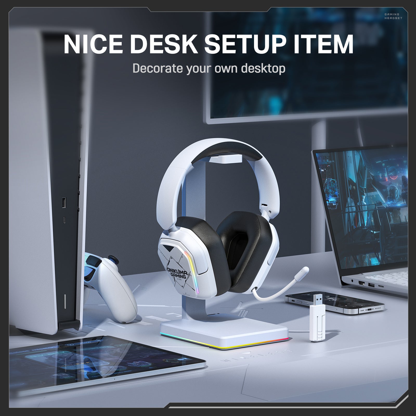 Siivton Wireless Gaming Headset with 2.4GHz & Bluetooth 5.3, for PS5, PS4, PC, Switch, 60H Battery Life, Noise Canceling Mic, 7.1 Surround Sound, RGB Light, Foldable Headphones - White