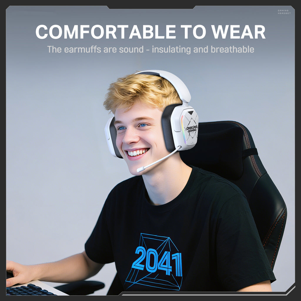Siivton Wireless Gaming Headset with 2.4GHz & Bluetooth 5.3, for PS5, PS4, PC, Switch, 60H Battery Life, Noise Canceling Mic, 7.1 Surround Sound, RGB Light, Foldable Headphones - White