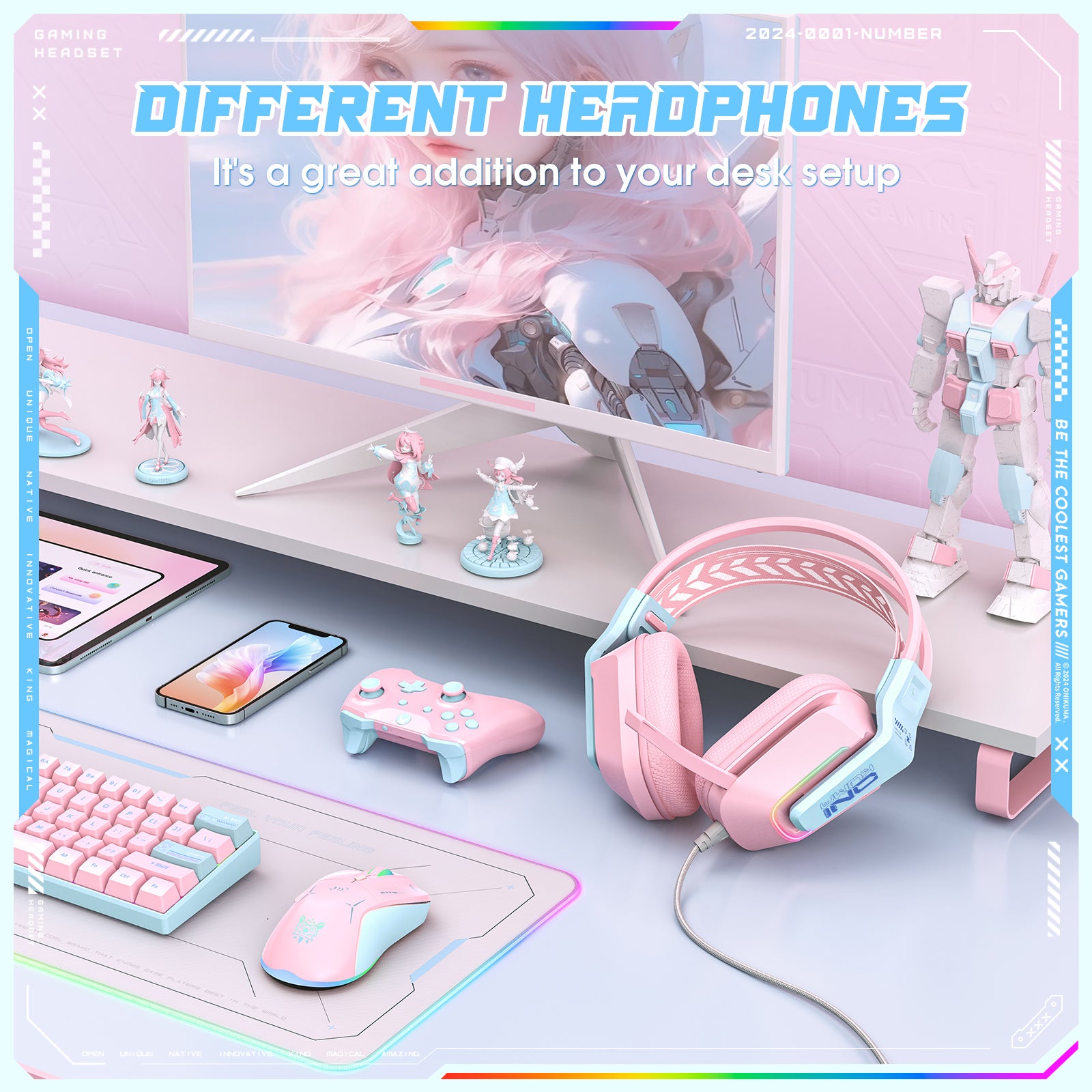 Siivton Wired Gaming Headset with Mic for Xbox, PS4, PS5, PC, Mobile,3.5mm Over-Ear Headphones with Noise-Canceling Microphone, 7.1 Surround Sound Headphone with LED Light, Pink