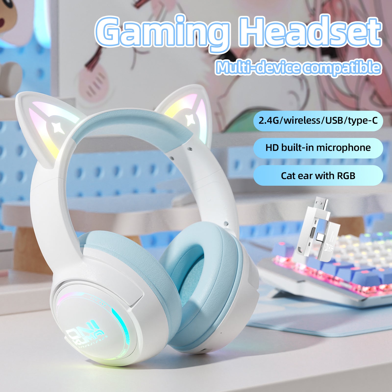 Siivton Cat Ear Wireless Bluetooth Gaming Headset with 2.4G Dongle, 50mm Drivers, 60H Playtime, Built-in Mic, RGB Lights for PC, PS5, PS4, Switch, Mobile,Blue