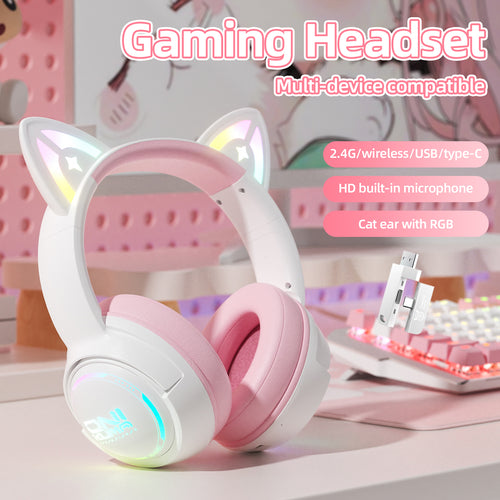 Siivton Cat Ear Wireless Bluetooth Gaming Headset with 2.4G Dongle, 50mm Drivers, 60H Playtime, Built-in Mic, RGB Lights – for PC, PS5, PS4, Switch, Mobile,Pink
