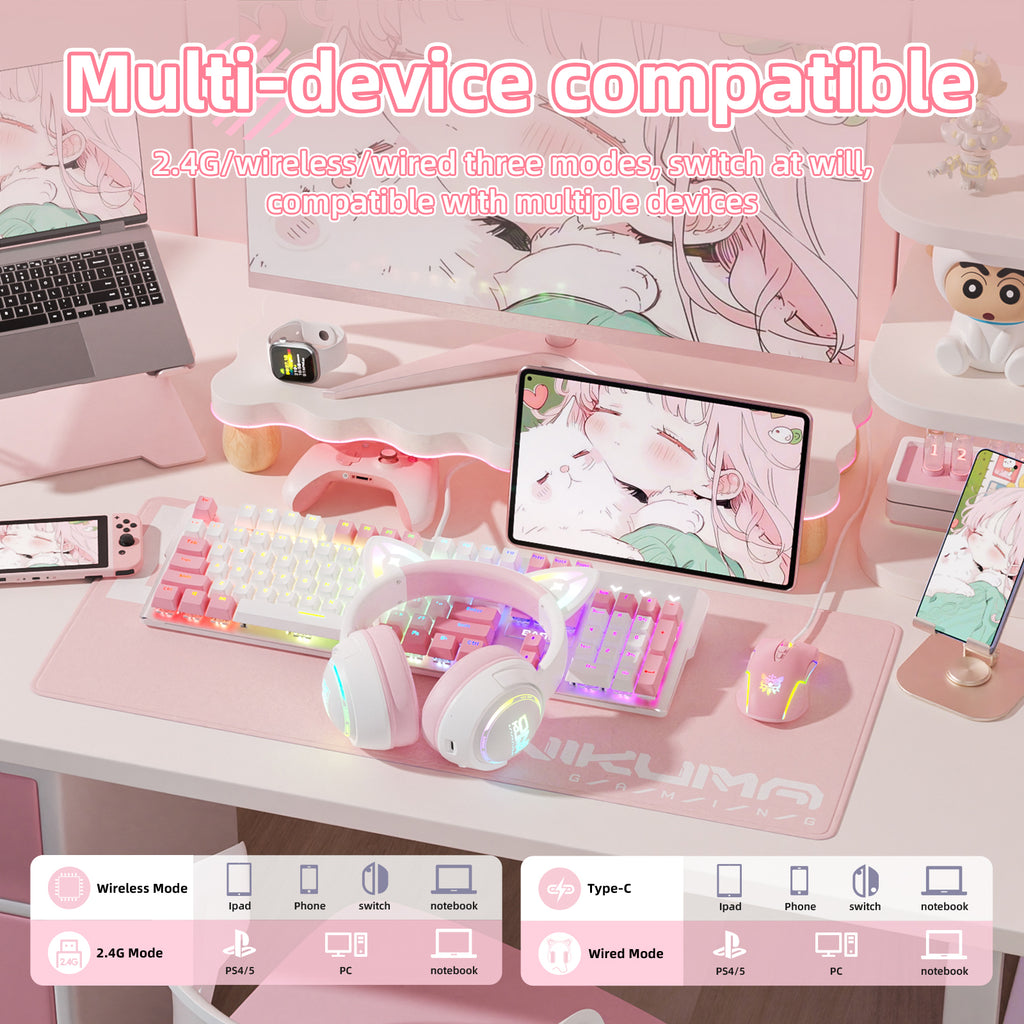 Siivton Cat Ear Wireless Bluetooth Gaming Headset with 2.4G Dongle, 50mm Drivers, 60H Playtime, Built-in Mic, RGB Lights – for PC, PS5, PS4, Switch, Mobile,Pink
