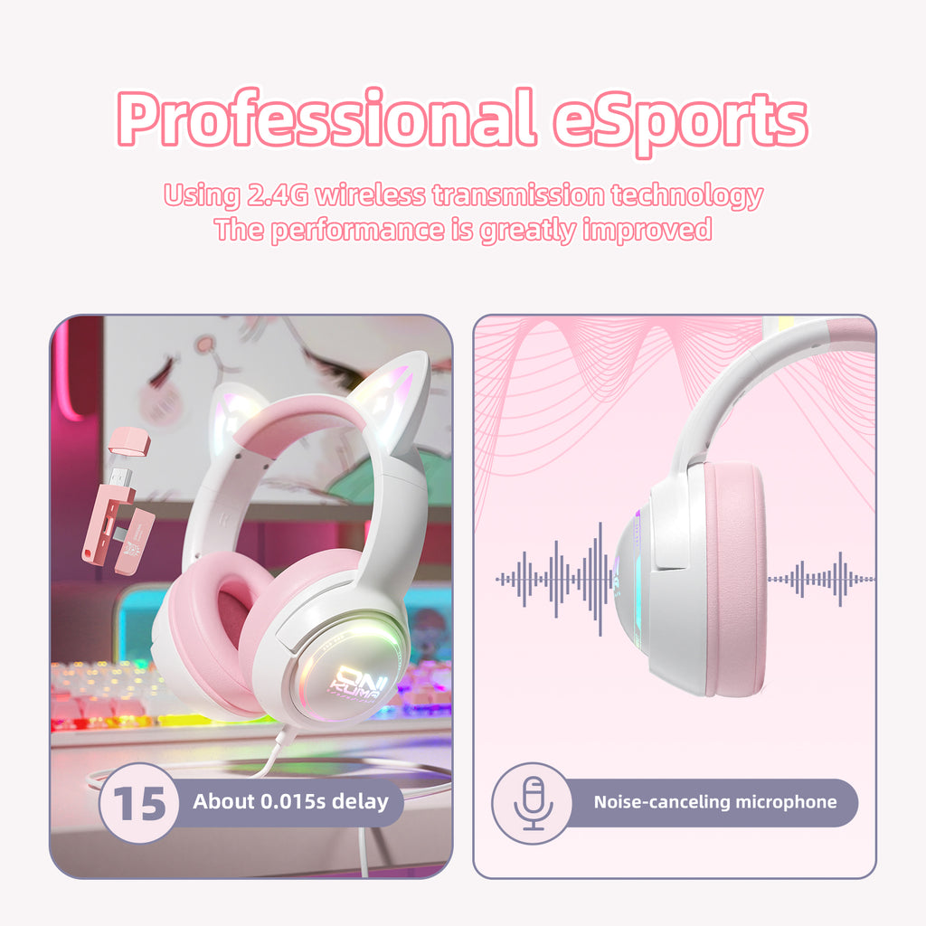 Siivton Cat Ear Wireless Bluetooth Gaming Headset with 2.4G Dongle, 50mm Drivers, 60H Playtime, Built-in Mic, RGB Lights – for PC, PS5, PS4, Switch, Mobile,Pink