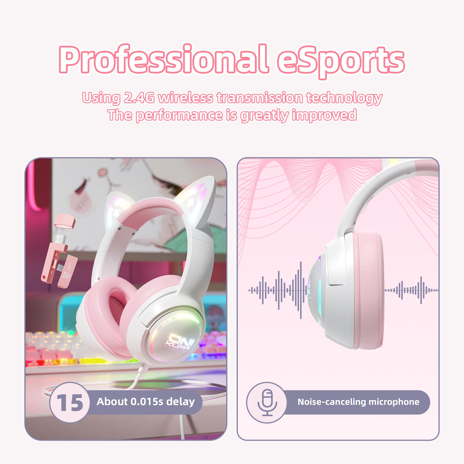 Siivton Cat Ear Wireless Bluetooth Gaming Headset with 2.4G Dongle, 50mm Drivers, 60H Playtime, Built-in Mic, RGB Lights – for PC, PS5, PS4, Switch, Mobile,Pink
