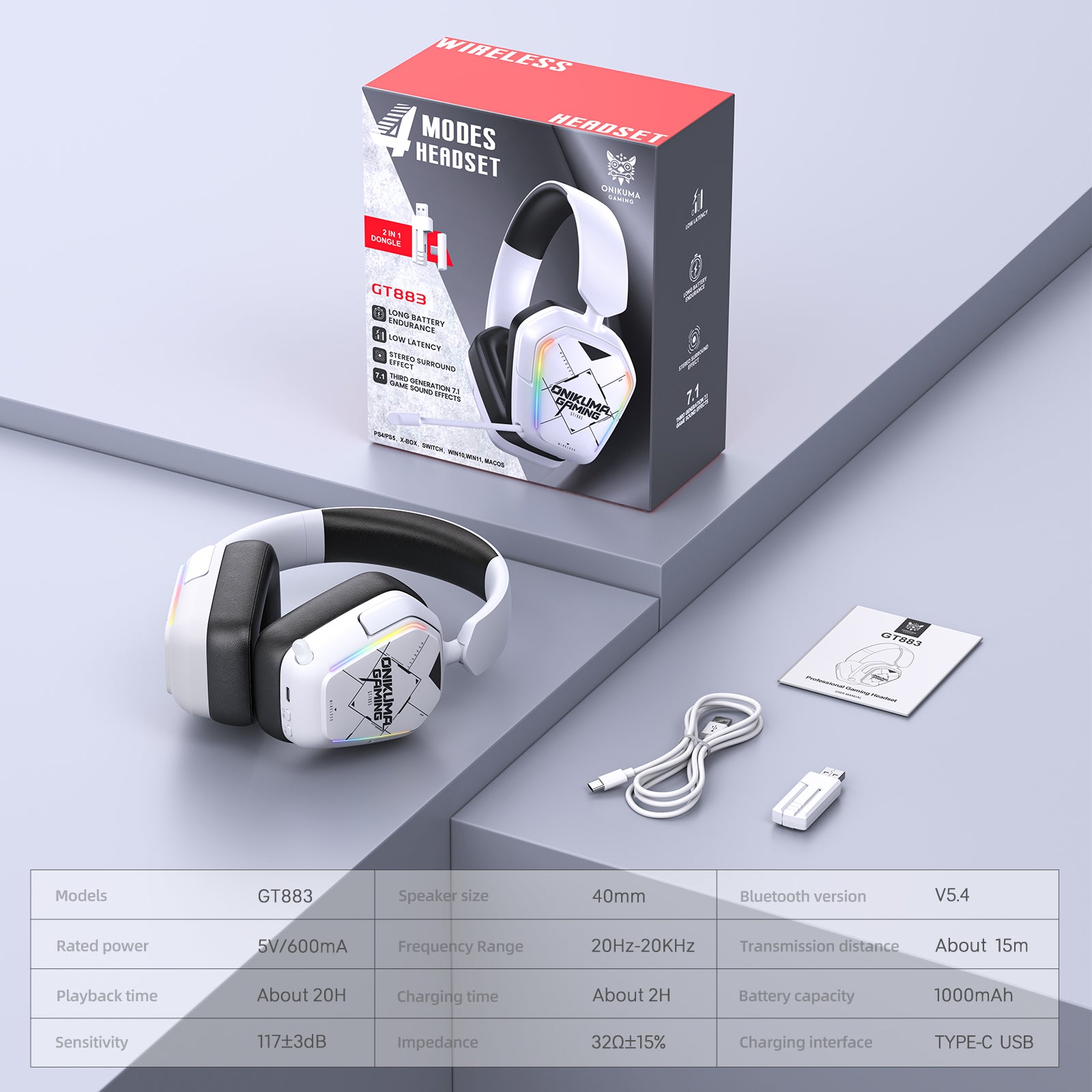 Siivton Wireless Gaming Headset with 2.4GHz & Bluetooth 5.3, for PS5, PS4, PC, Switch, 60H Battery Life, Noise Canceling Mic, 7.1 Surround Sound, RGB Light, Foldable Headphones - White