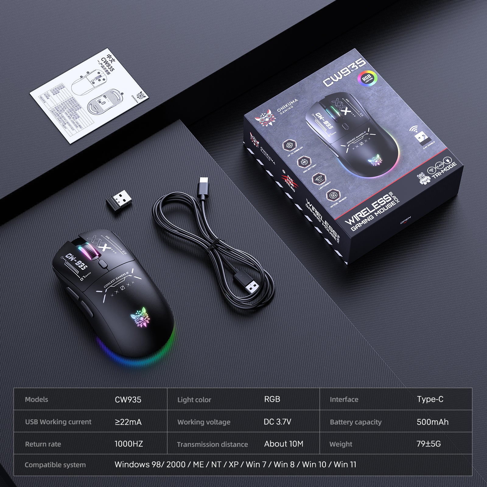 Siivton Wireless Gaming Mouse, 2.4G/Bluetooth 5.3/Wired, 12800 DPI Adjustable, 8 Programmable Buttons, 500mAh Battery, RGB Lighting for PC, Laptop, Mac, PS4/PS5