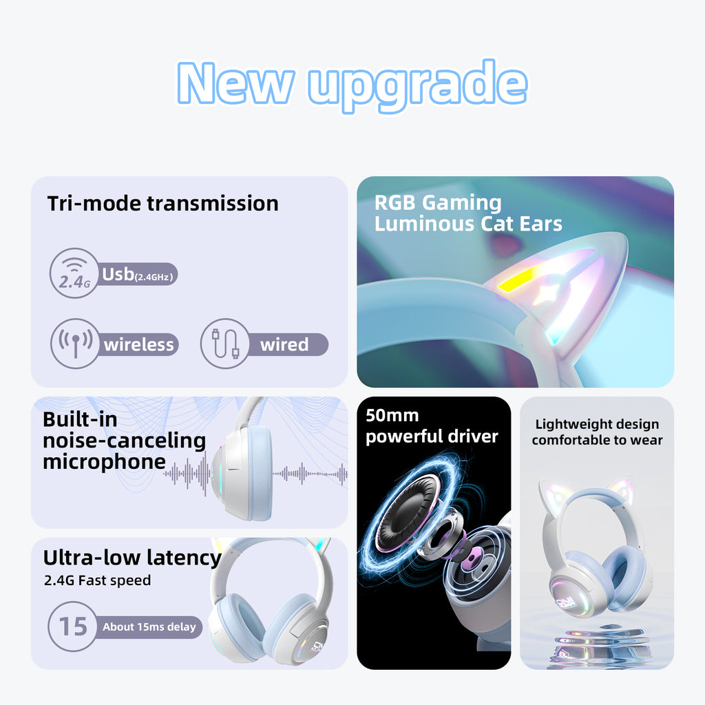 Siivton Cat Ear Wireless Bluetooth Gaming Headset with 2.4G Dongle, 50mm Drivers, 60H Playtime, Built-in Mic, RGB Lights for PC, PS5, PS4, Switch, Mobile,Blue