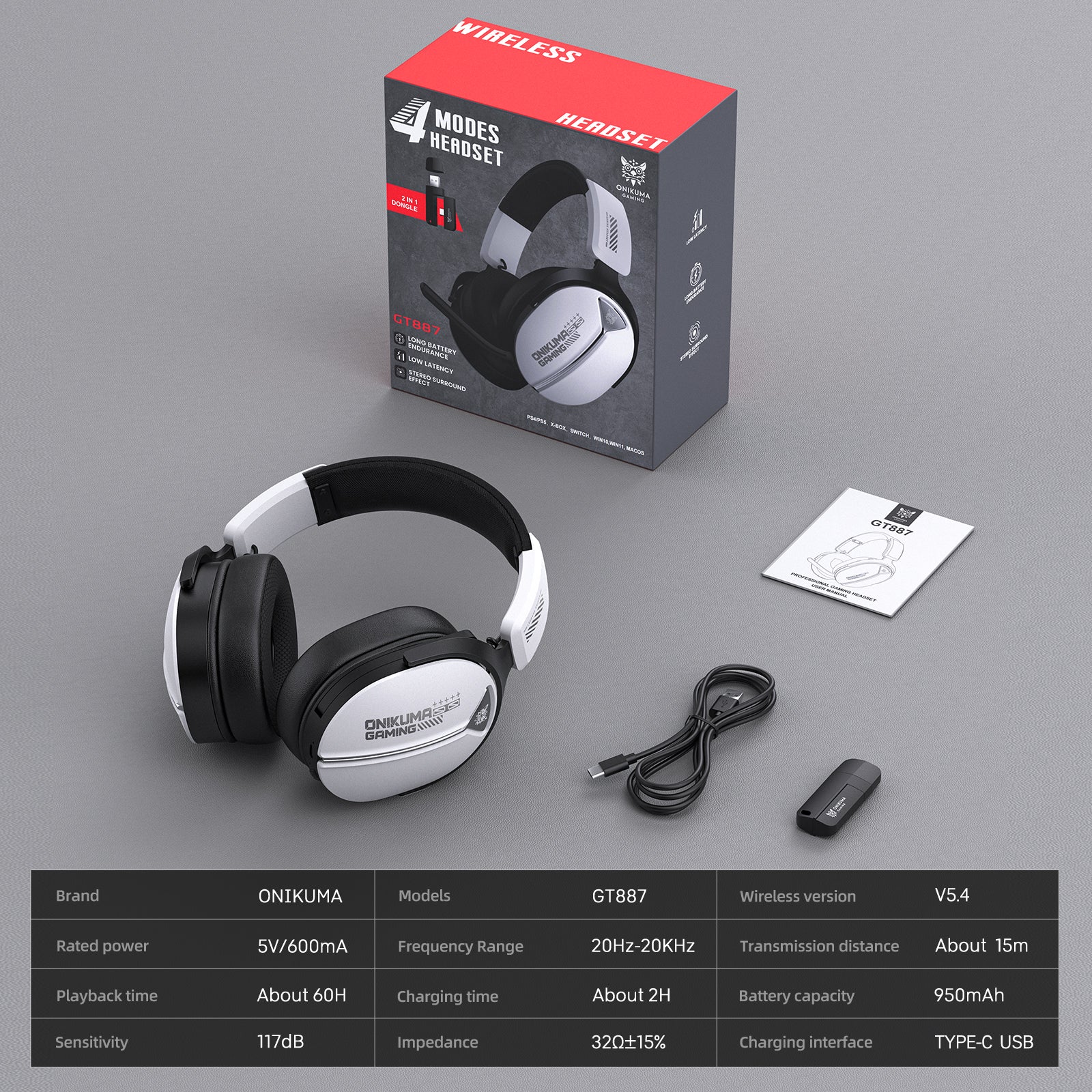 Siivton Wireless Gaming Headset with 60H Playtime, Bluetooth 5.4 & 2.4G Dual Mode, 950mAh Battery, Noise-Canceling Mic for PC,PS4,PS5,Switch,Mobile