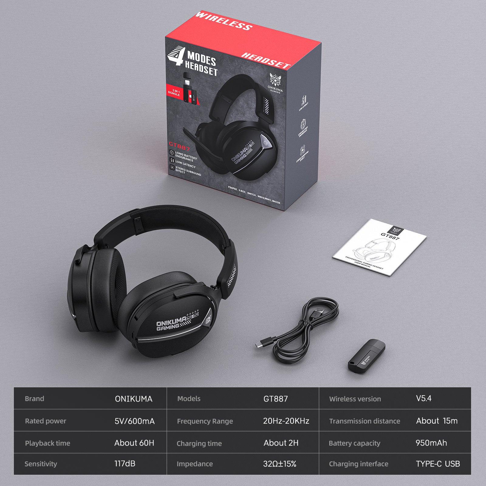 Siivton Wireless Gaming Headset with 60H Playtime, Bluetooth 5.4 & 2.4G Dual Mode, 950mAh Battery, Noise-Canceling Mic for PC,PS4,PS5,Switch,Mobile