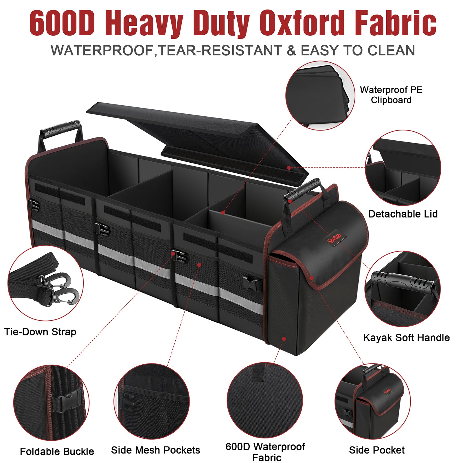 Siivton Car Trunk Organizer, 115L Collapsible SUV Organizer, Collapsible Large Storage Box with Cooler Bag for Cars, Black