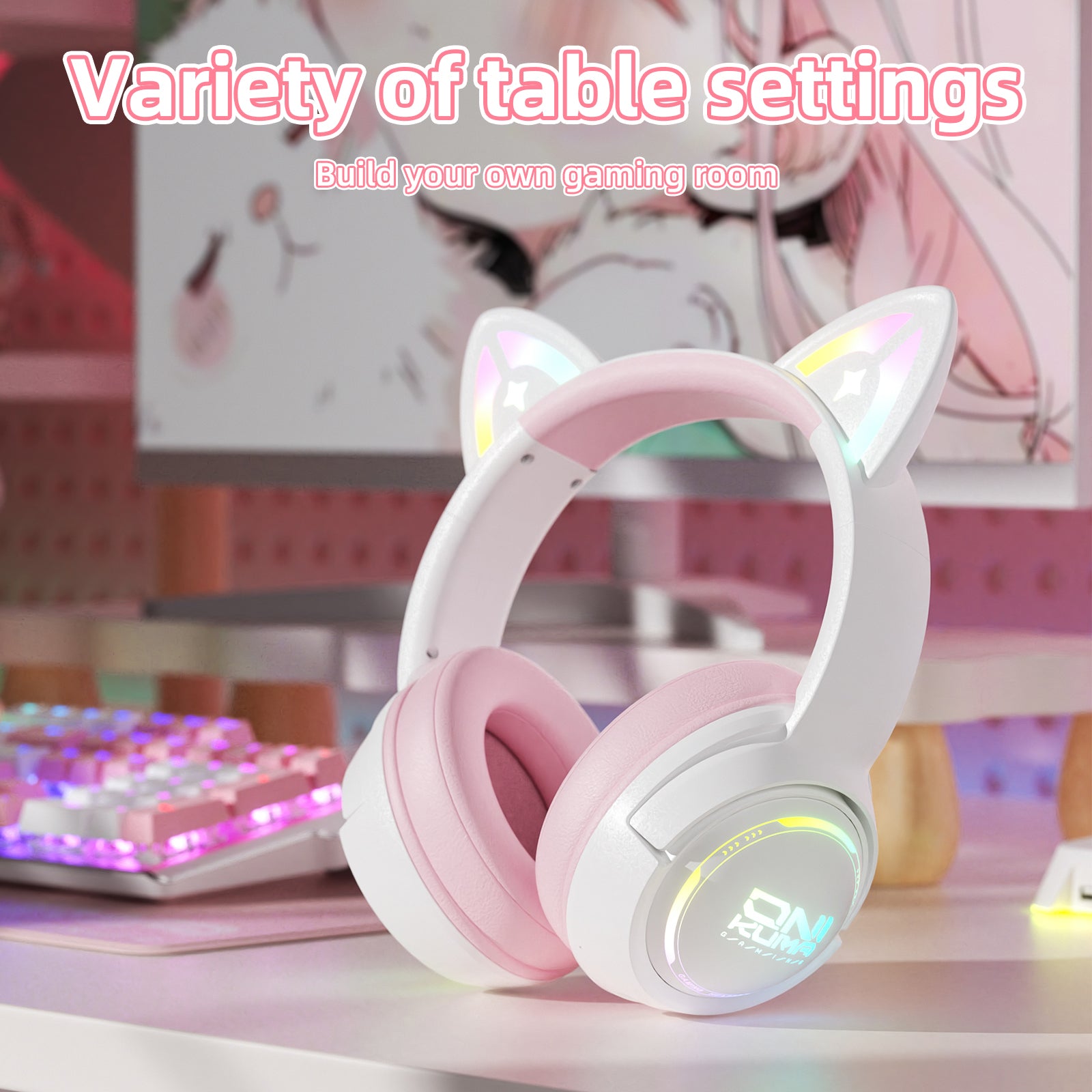 Siivton Cat Ear Wireless Bluetooth Gaming Headset with 2.4G Dongle, 50mm Drivers, 60H Playtime, Built-in Mic, RGB Lights – for PC, PS5, PS4, Switch, Mobile,Pink