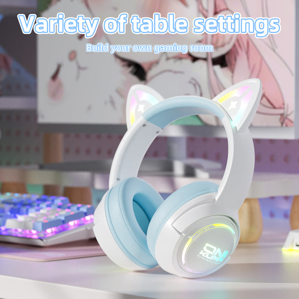 Siivton Cat Ear Wireless Bluetooth Gaming Headset with 2.4G Dongle, 50mm Drivers, 60H Playtime, Built-in Mic, RGB Lights for PC, PS5, PS4, Switch, Mobile,Blue